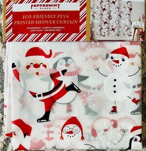 NIB❤️Peppermint Place Santa with Snowman and Penguins Peva Shower Curtain